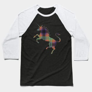 Scottish Purple, Orange and Green Tartan Rearing Unicorn Silhouette Baseball T-Shirt